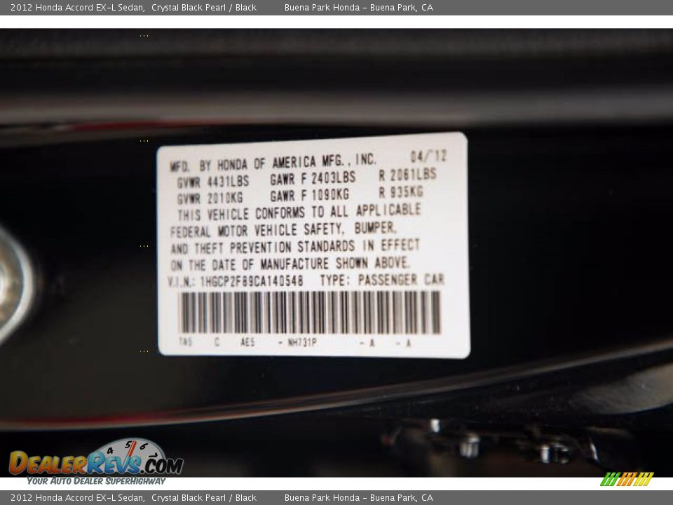 2012 Honda Accord EX-L Sedan Crystal Black Pearl / Black Photo #35