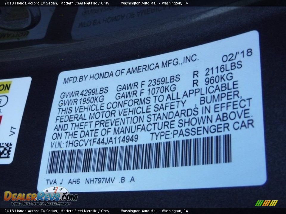 2018 Honda Accord EX Sedan Modern Steel Metallic / Gray Photo #27