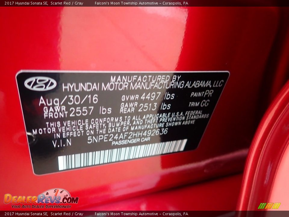 2017 Hyundai Sonata SE Scarlet Red / Gray Photo #24