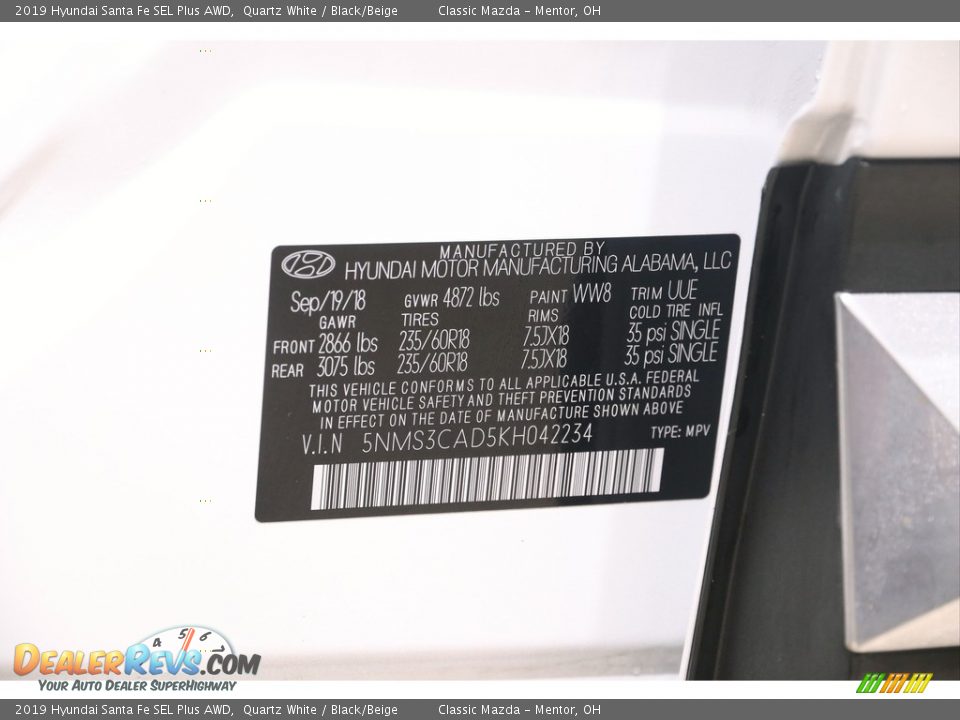 2019 Hyundai Santa Fe SEL Plus AWD Quartz White / Black/Beige Photo #23