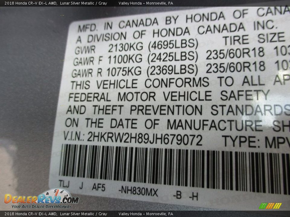 2018 Honda CR-V EX-L AWD Lunar Silver Metallic / Gray Photo #19