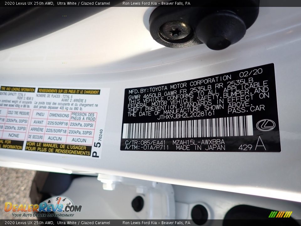 2020 Lexus UX 250h AWD Ultra White / Glazed Caramel Photo #15