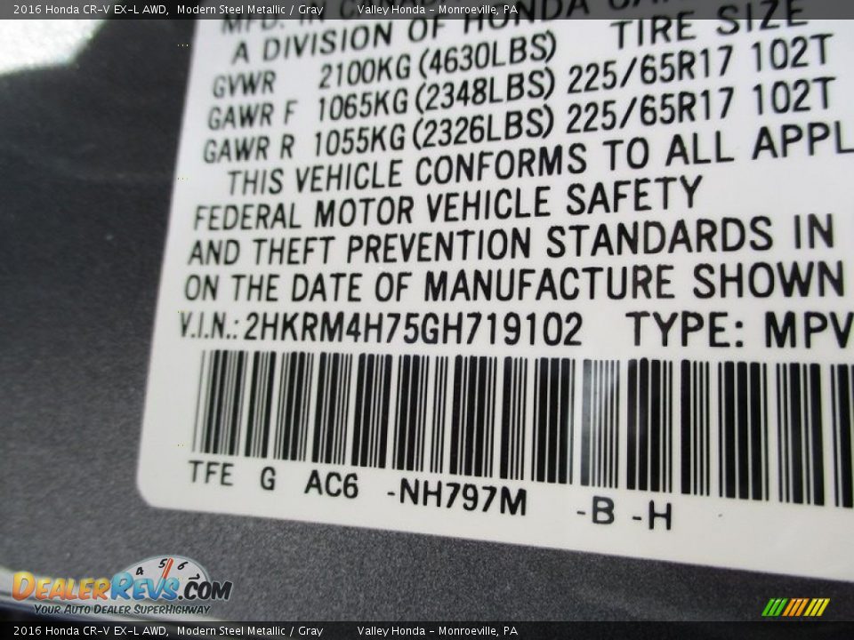 2016 Honda CR-V EX-L AWD Modern Steel Metallic / Gray Photo #19