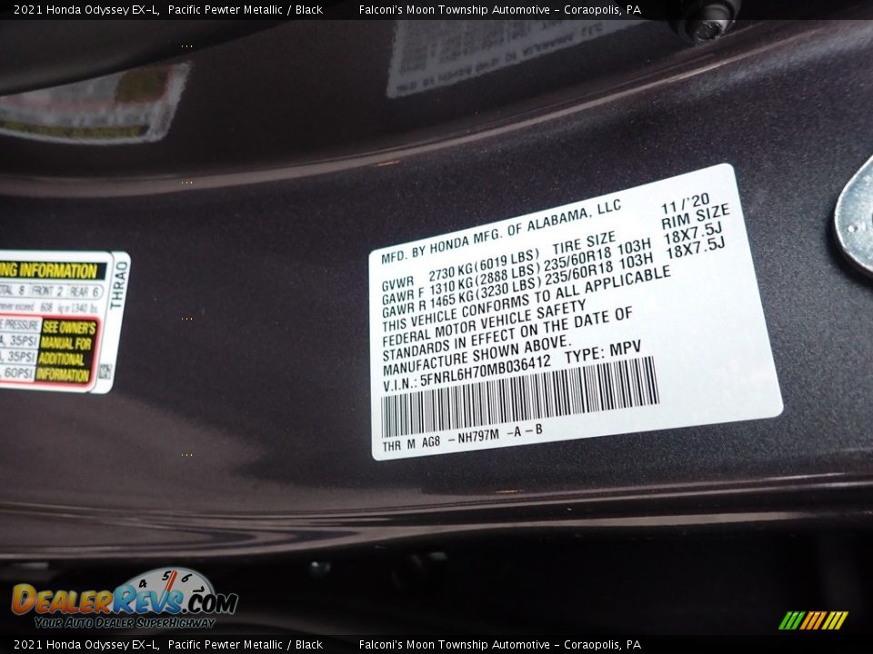 2021 Honda Odyssey EX-L Pacific Pewter Metallic / Black Photo #11