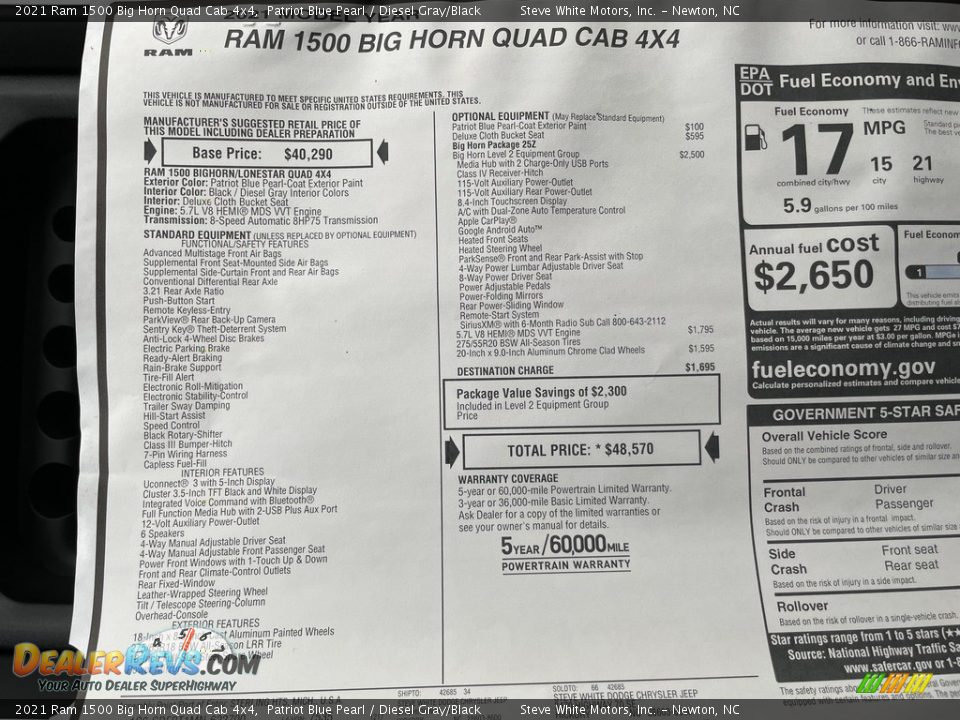 2021 Ram 1500 Big Horn Quad Cab 4x4 Window Sticker Photo #31