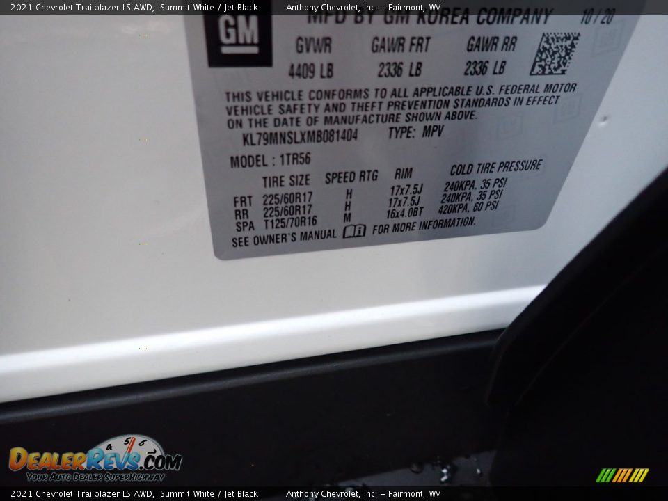 2021 Chevrolet Trailblazer LS AWD Summit White / Jet Black Photo #14