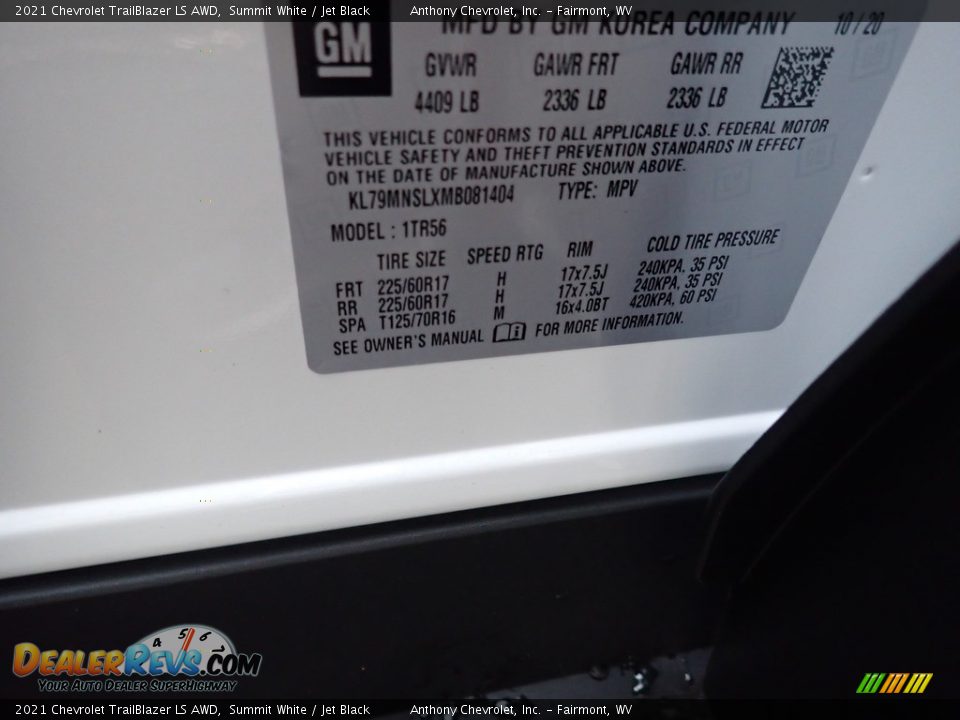 2021 Chevrolet TrailBlazer LS AWD Summit White / Jet Black Photo #14