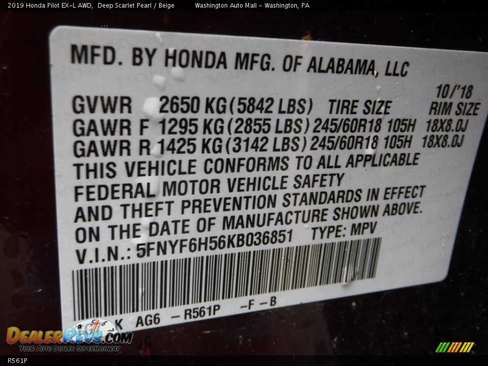 Honda Color Code R561P Deep Scarlet Pearl