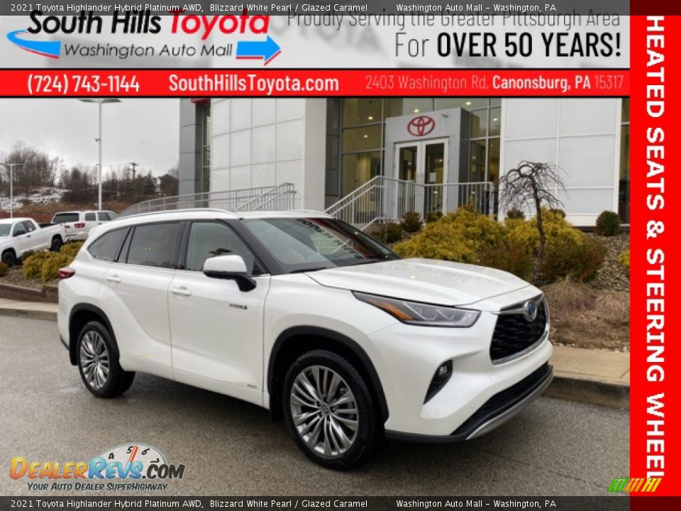 2021 Toyota Highlander Hybrid Platinum AWD Blizzard White Pearl / Glazed Caramel Photo #1