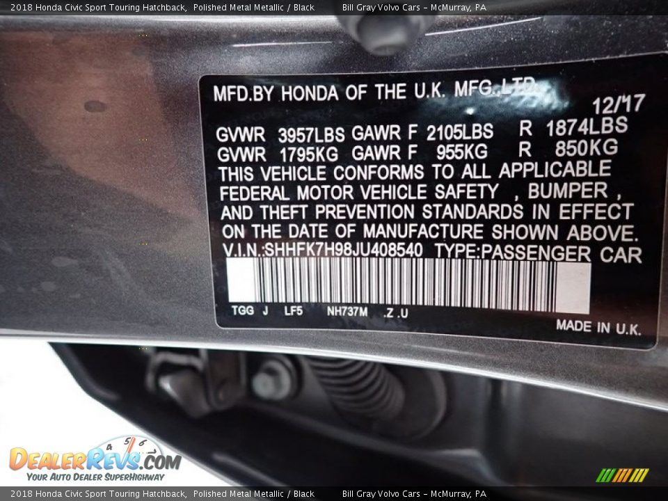2018 Honda Civic Sport Touring Hatchback Polished Metal Metallic / Black Photo #16
