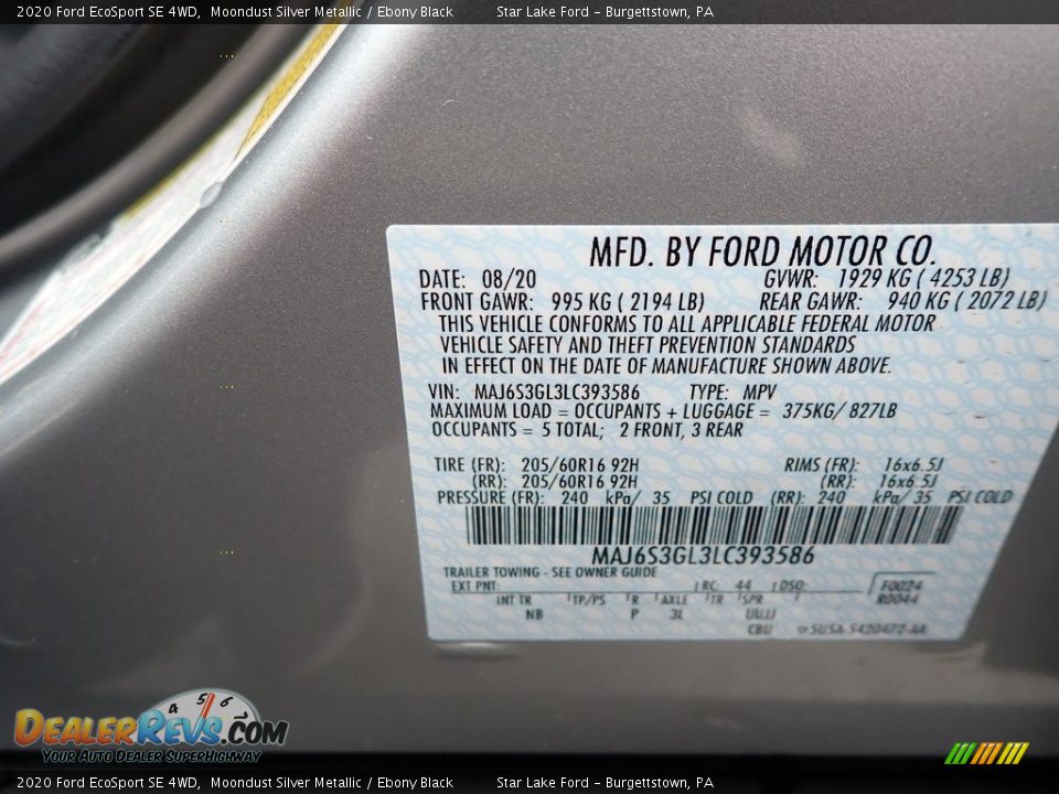2020 Ford EcoSport SE 4WD Moondust Silver Metallic / Ebony Black Photo #14