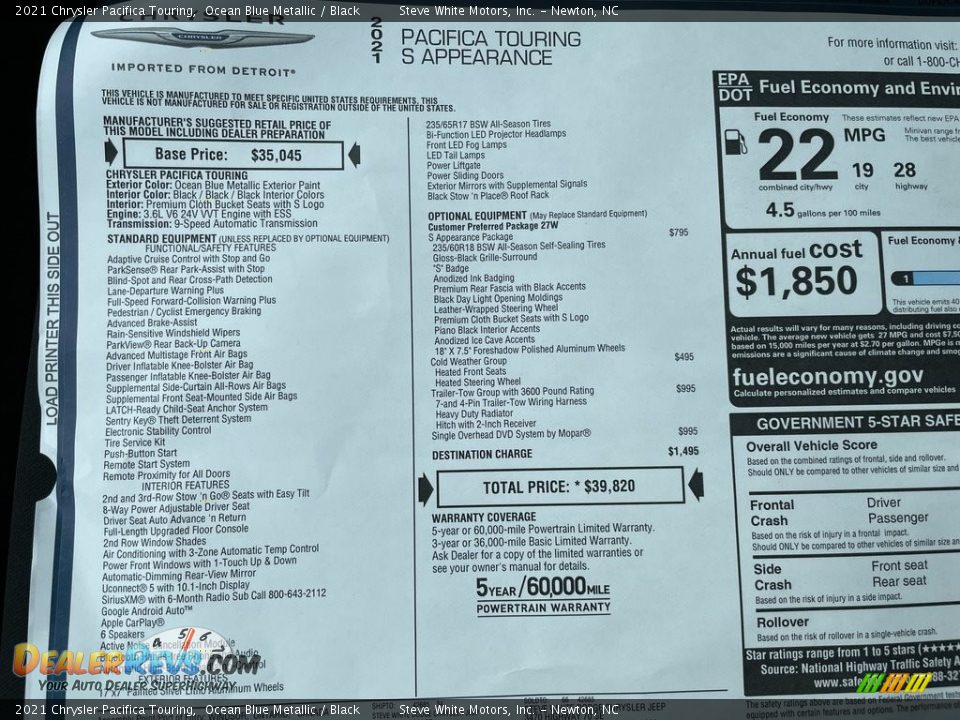 2021 Chrysler Pacifica Touring Window Sticker Photo #31