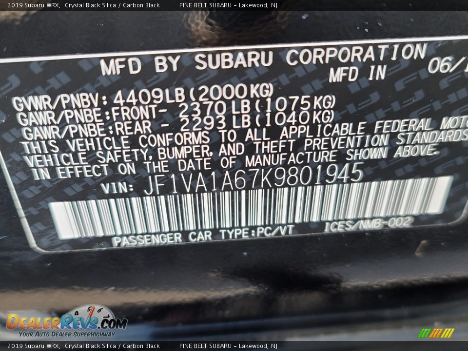 2019 Subaru WRX Crystal Black Silica / Carbon Black Photo #34
