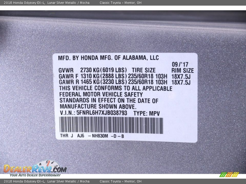 2018 Honda Odyssey EX-L Lunar Silver Metallic / Mocha Photo #30