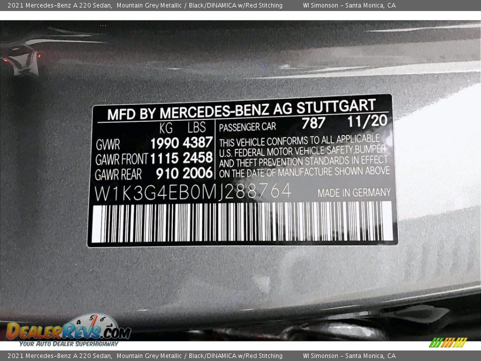 2021 Mercedes-Benz A 220 Sedan Mountain Grey Metallic / Black/DINAMICA w/Red Stitching Photo #10
