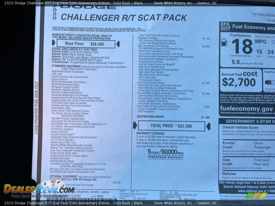 2020 Dodge Challenger R/T Scat Pack 50th Anniversary Edition Window Sticker Photo #28