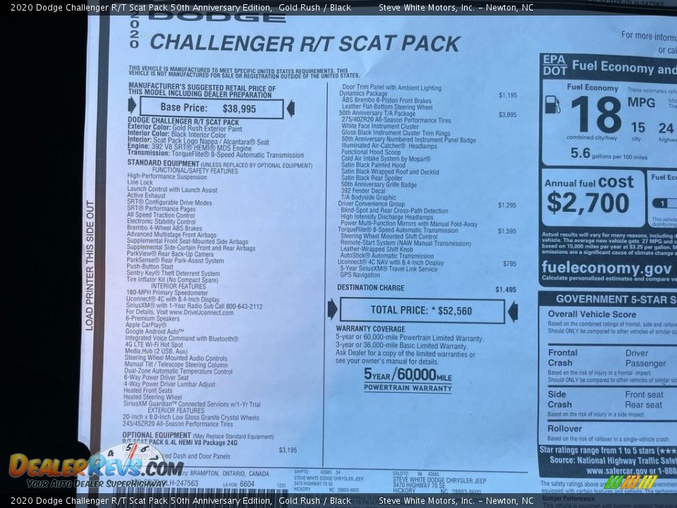 2020 Dodge Challenger R/T Scat Pack 50th Anniversary Edition Window Sticker Photo #28