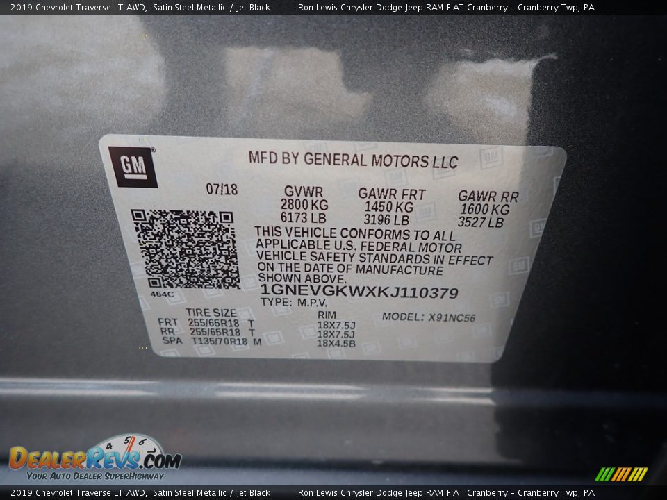 2019 Chevrolet Traverse LT AWD Satin Steel Metallic / Jet Black Photo #11
