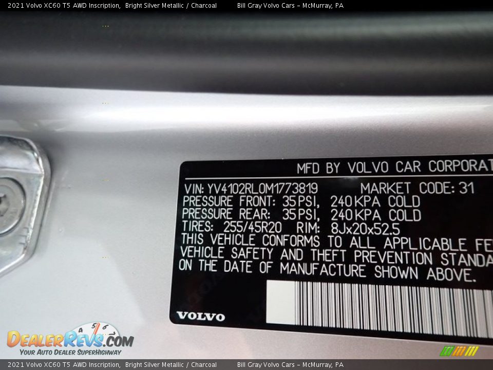 2021 Volvo XC60 T5 AWD Inscription Bright Silver Metallic / Charcoal Photo #11
