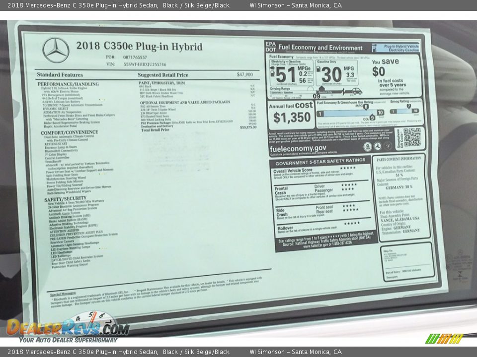 2018 Mercedes-Benz C 350e Plug-in Hybrid Sedan Black / Silk Beige/Black Photo #10