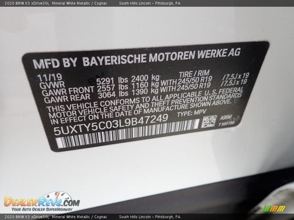 2020 BMW X3 xDrive30i Mineral White Metallic / Cognac Photo #23