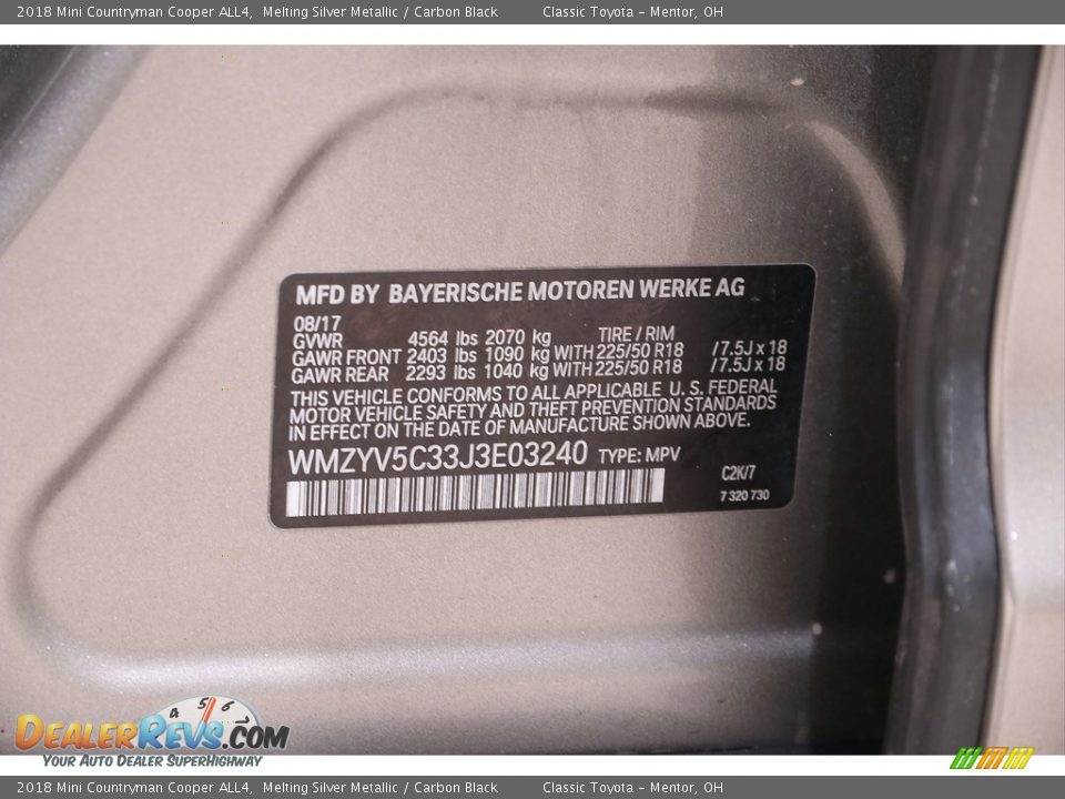 2018 Mini Countryman Cooper ALL4 Melting Silver Metallic / Carbon Black Photo #23