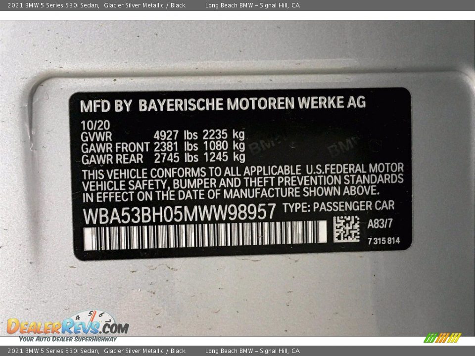 2021 BMW 5 Series 530i Sedan Glacier Silver Metallic / Black Photo #18