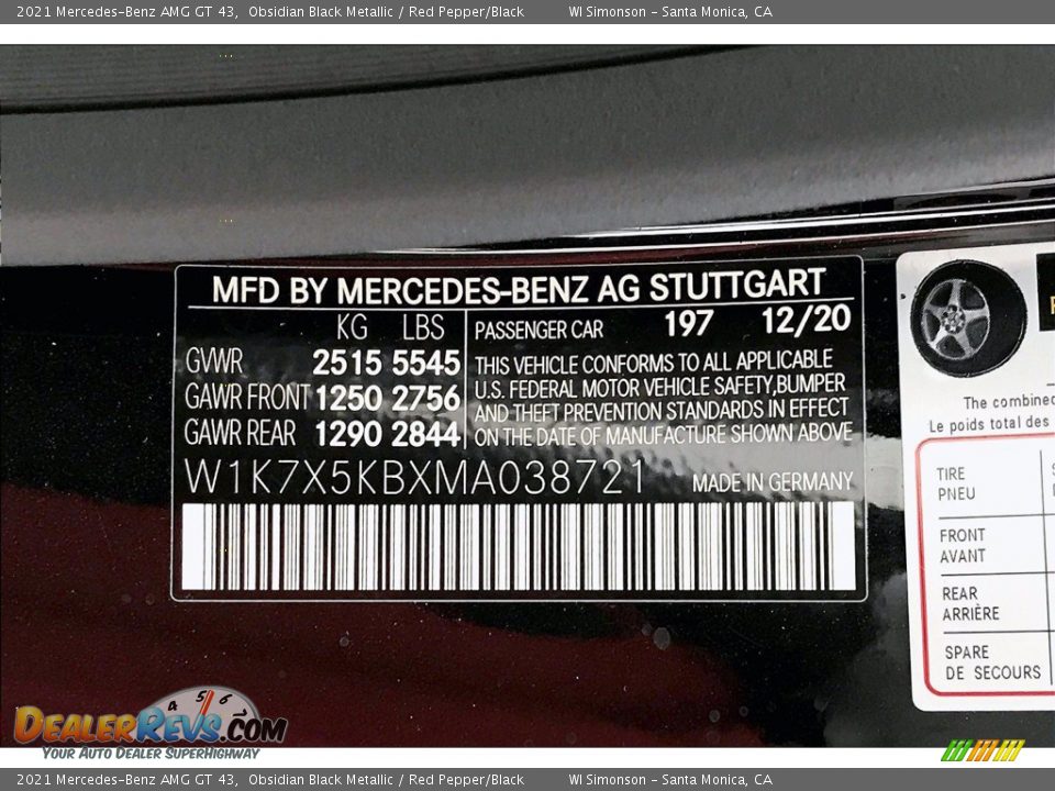 2021 Mercedes-Benz AMG GT 43 Obsidian Black Metallic / Red Pepper/Black Photo #10