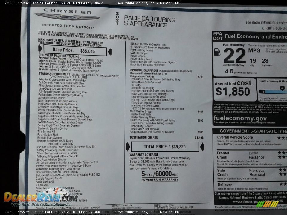 2021 Chrysler Pacifica Touring Window Sticker Photo #29