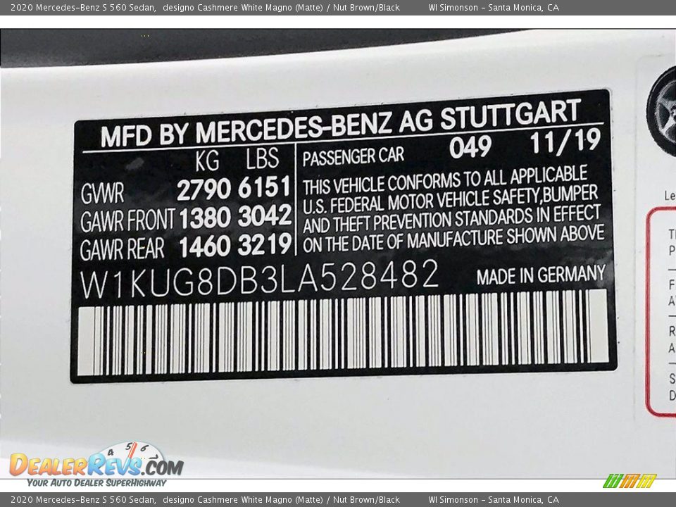 2020 Mercedes-Benz S 560 Sedan designo Cashmere White Magno (Matte) / Nut Brown/Black Photo #10