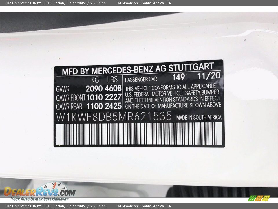 2021 Mercedes-Benz C 300 Sedan Polar White / Silk Beige Photo #10