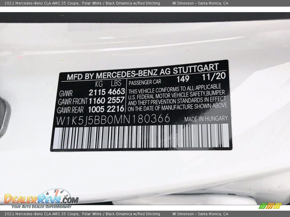 2021 Mercedes-Benz CLA AMG 35 Coupe Polar White / Black Dinamica w/Red Stitching Photo #10