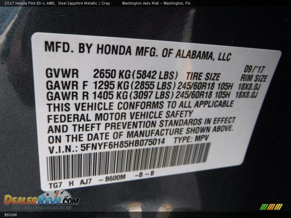 Honda Color Code B600M Steel Sapphire Metallic