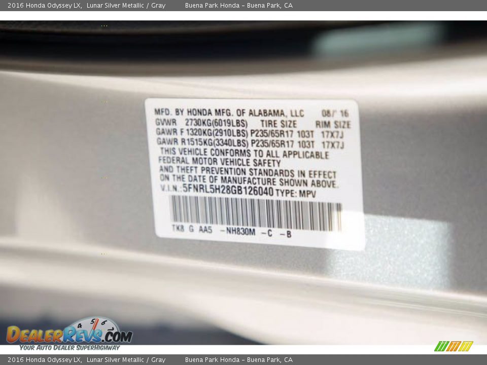 2016 Honda Odyssey LX Lunar Silver Metallic / Gray Photo #36