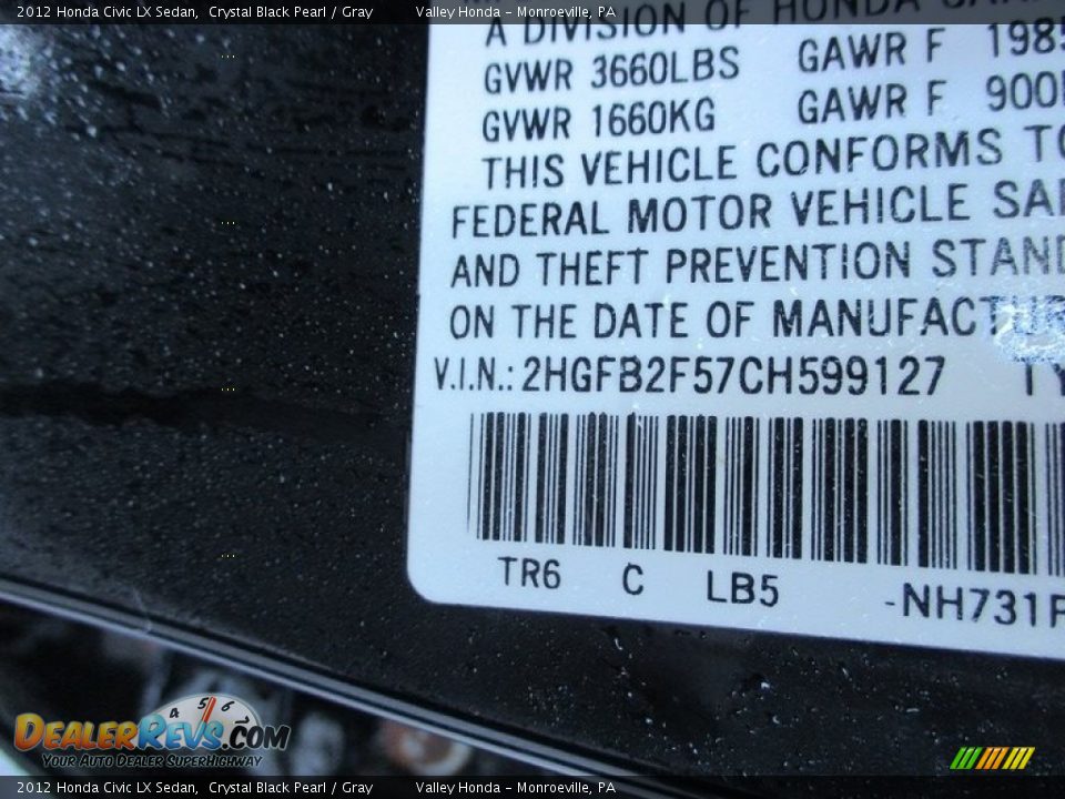2012 Honda Civic LX Sedan Crystal Black Pearl / Gray Photo #19