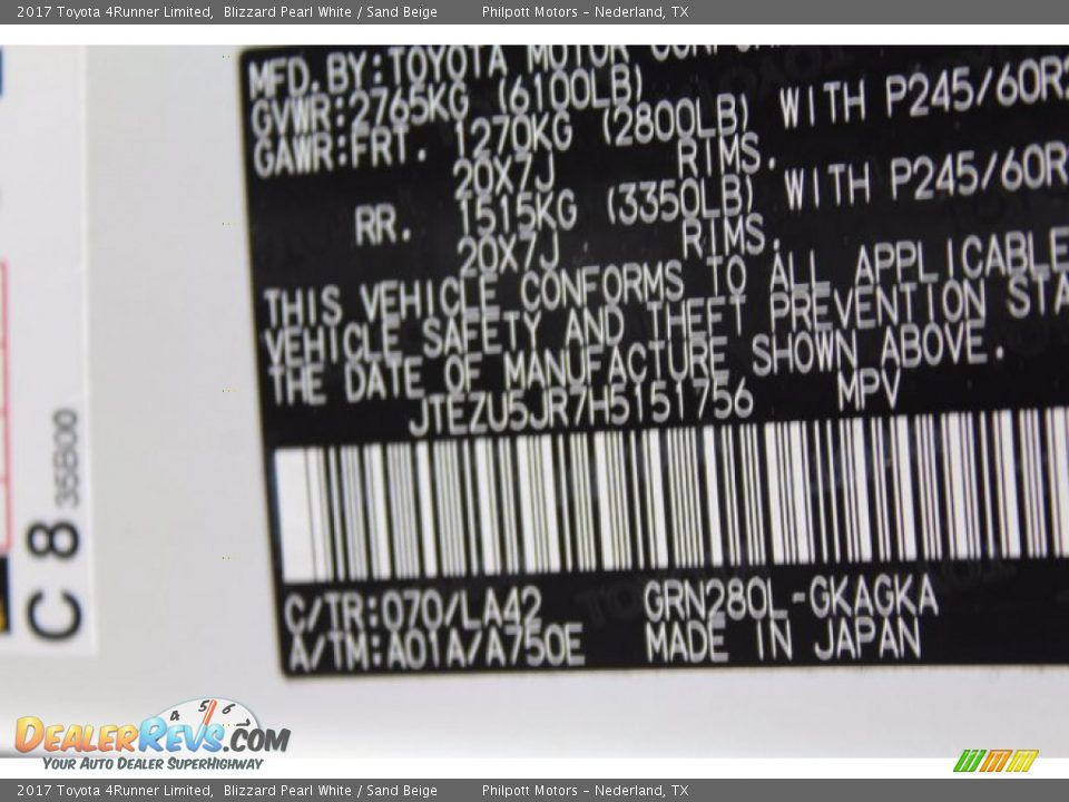 2017 Toyota 4Runner Limited Blizzard Pearl White / Sand Beige Photo #28