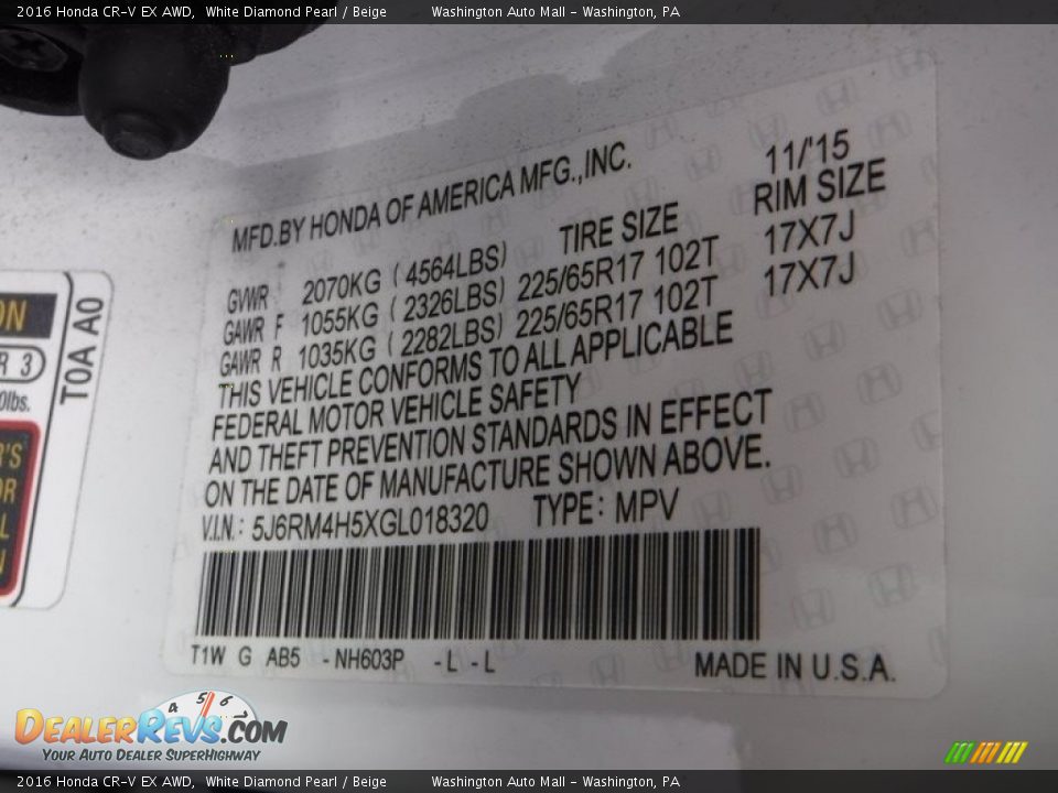 2016 Honda CR-V EX AWD White Diamond Pearl / Beige Photo #27
