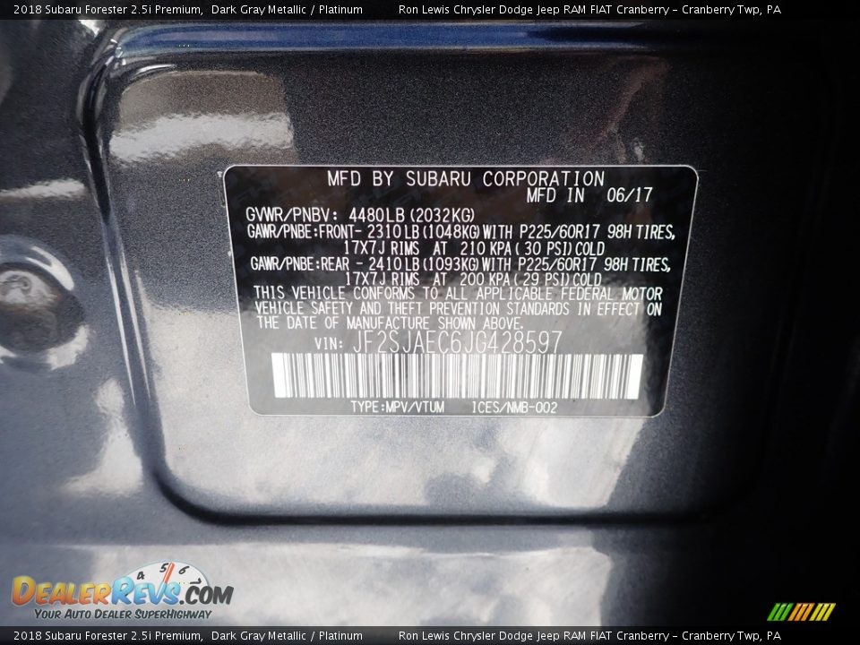 2018 Subaru Forester 2.5i Premium Dark Gray Metallic / Platinum Photo #10