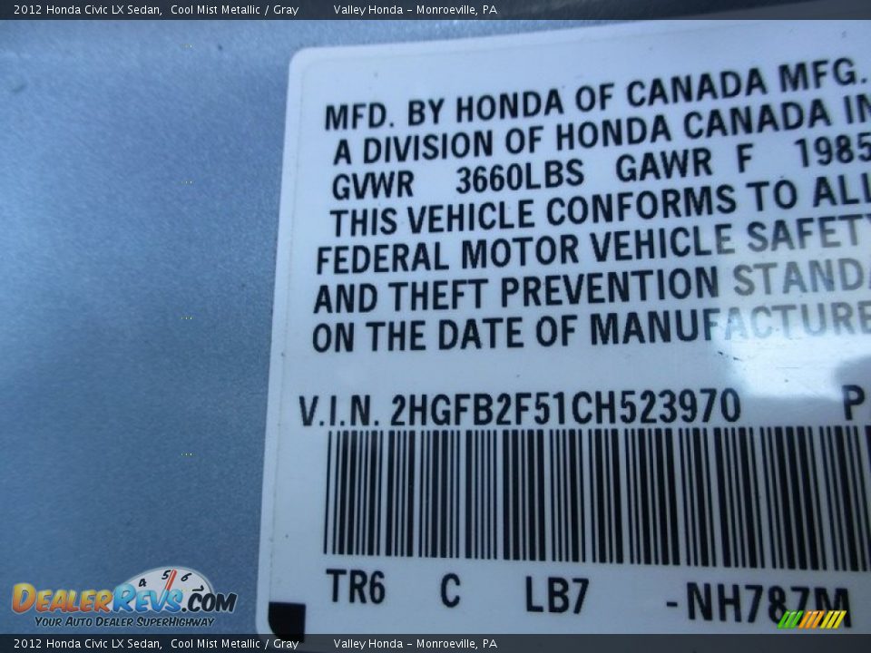 2012 Honda Civic LX Sedan Cool Mist Metallic / Gray Photo #19