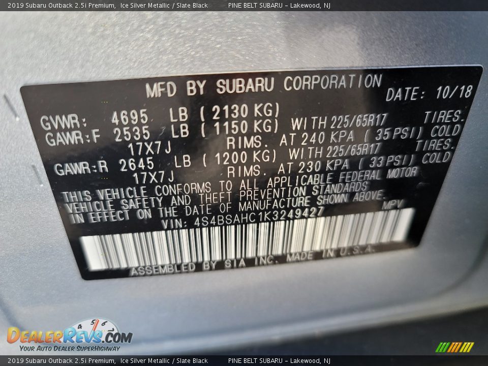 2019 Subaru Outback 2.5i Premium Ice Silver Metallic / Slate Black Photo #35