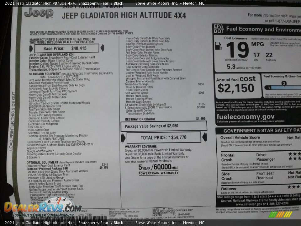 2021 Jeep Gladiator High Altitude 4x4 Window Sticker Photo #31