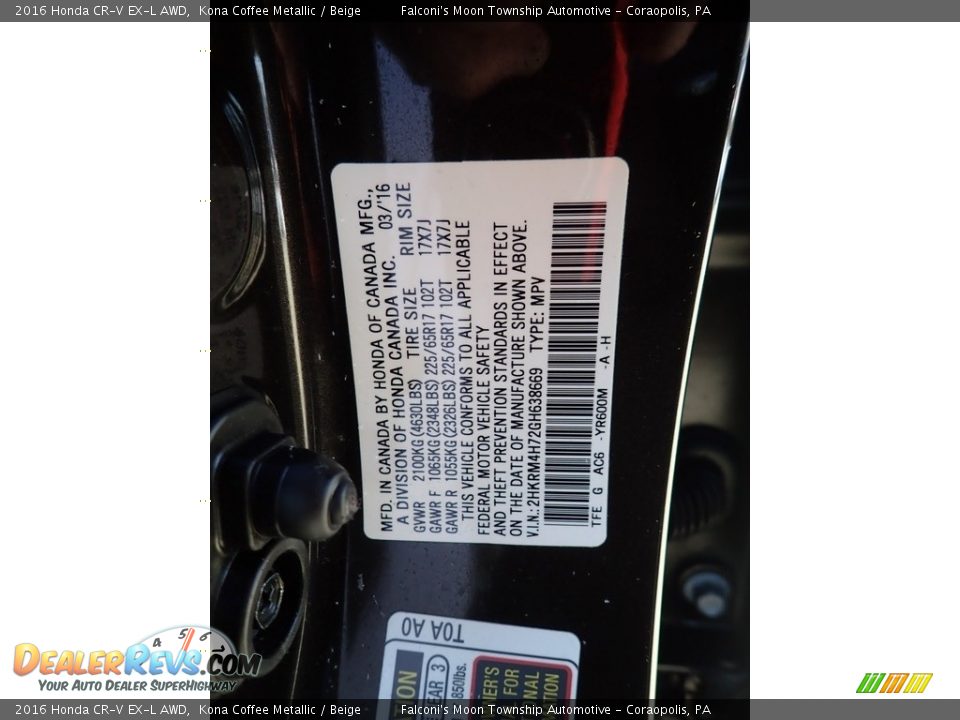 2016 Honda CR-V EX-L AWD Kona Coffee Metallic / Beige Photo #23