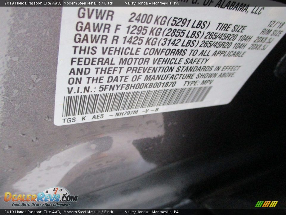 2019 Honda Passport Elite AWD Modern Steel Metallic / Black Photo #19