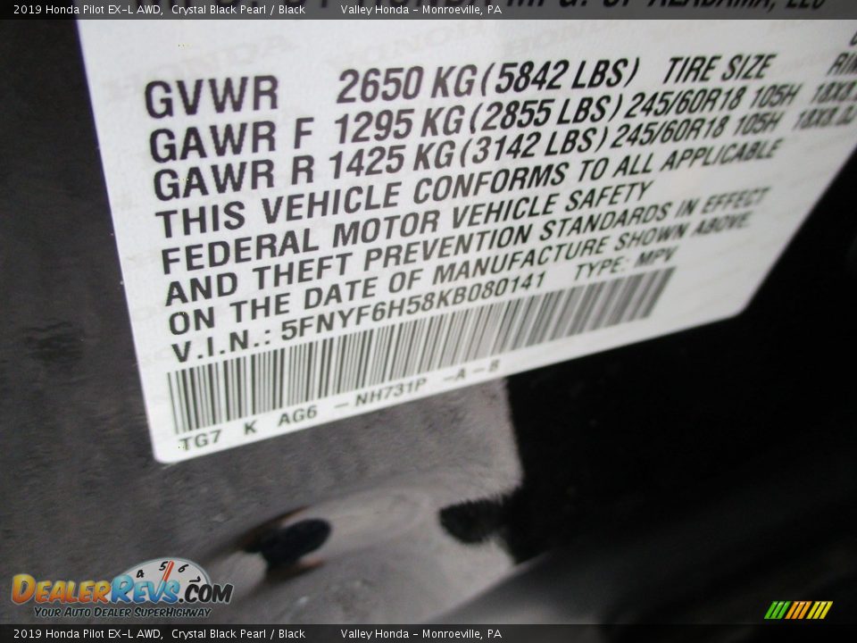 2019 Honda Pilot EX-L AWD Crystal Black Pearl / Black Photo #19