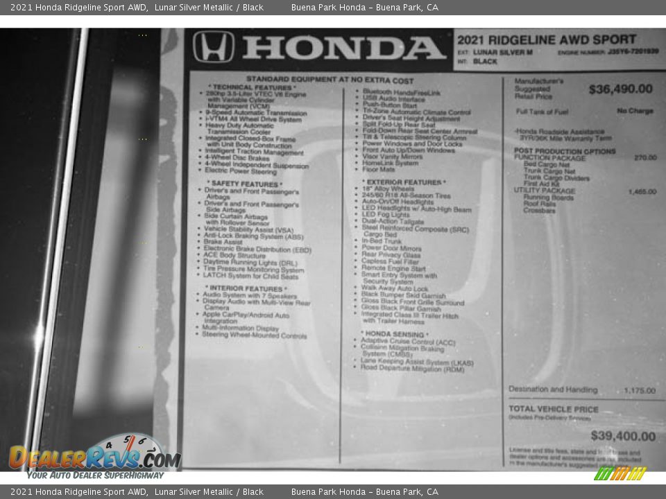 2021 Honda Ridgeline Sport AWD Lunar Silver Metallic / Black Photo #34