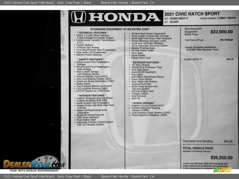 2021 Honda Civic Sport Hatchback Sonic Gray Pearl / Black Photo #36