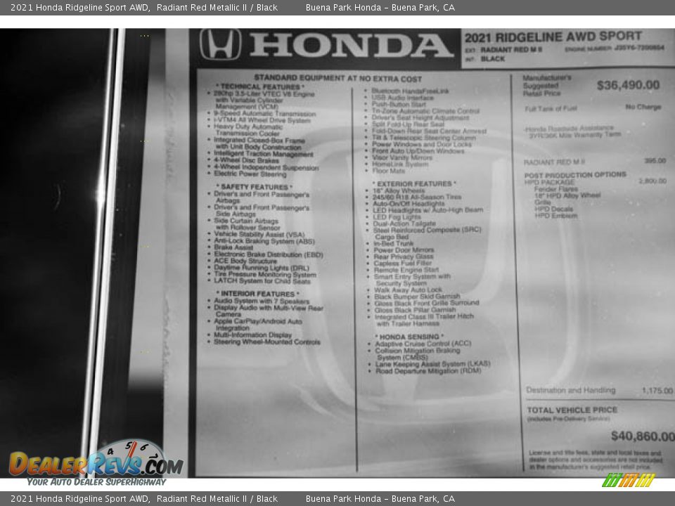 2021 Honda Ridgeline Sport AWD Window Sticker Photo #35