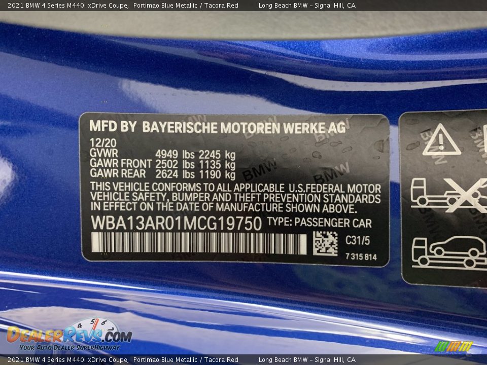 2021 BMW 4 Series M440i xDrive Coupe Portimao Blue Metallic / Tacora Red Photo #3