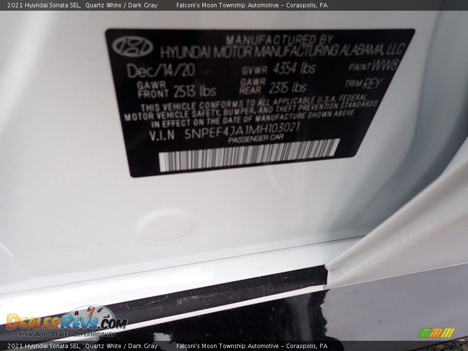 2021 Hyundai Sonata SEL Quartz White / Dark Gray Photo #10