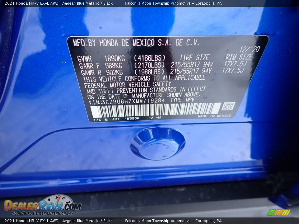 2021 Honda HR-V EX-L AWD Aegean Blue Metallic / Black Photo #12
